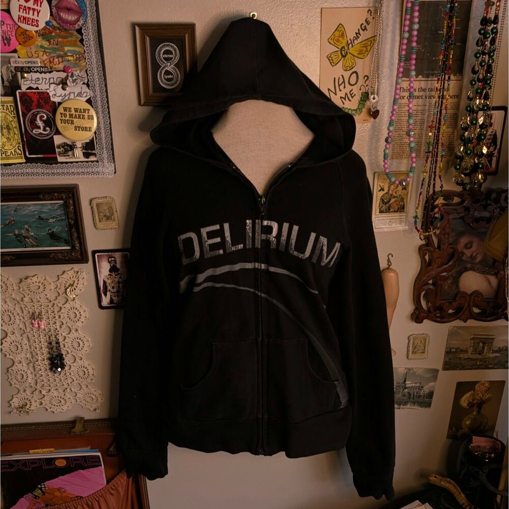 Cirque Du Soleil Delirum Graphic Hoodie Women's Medium Black Full Zip Grunge